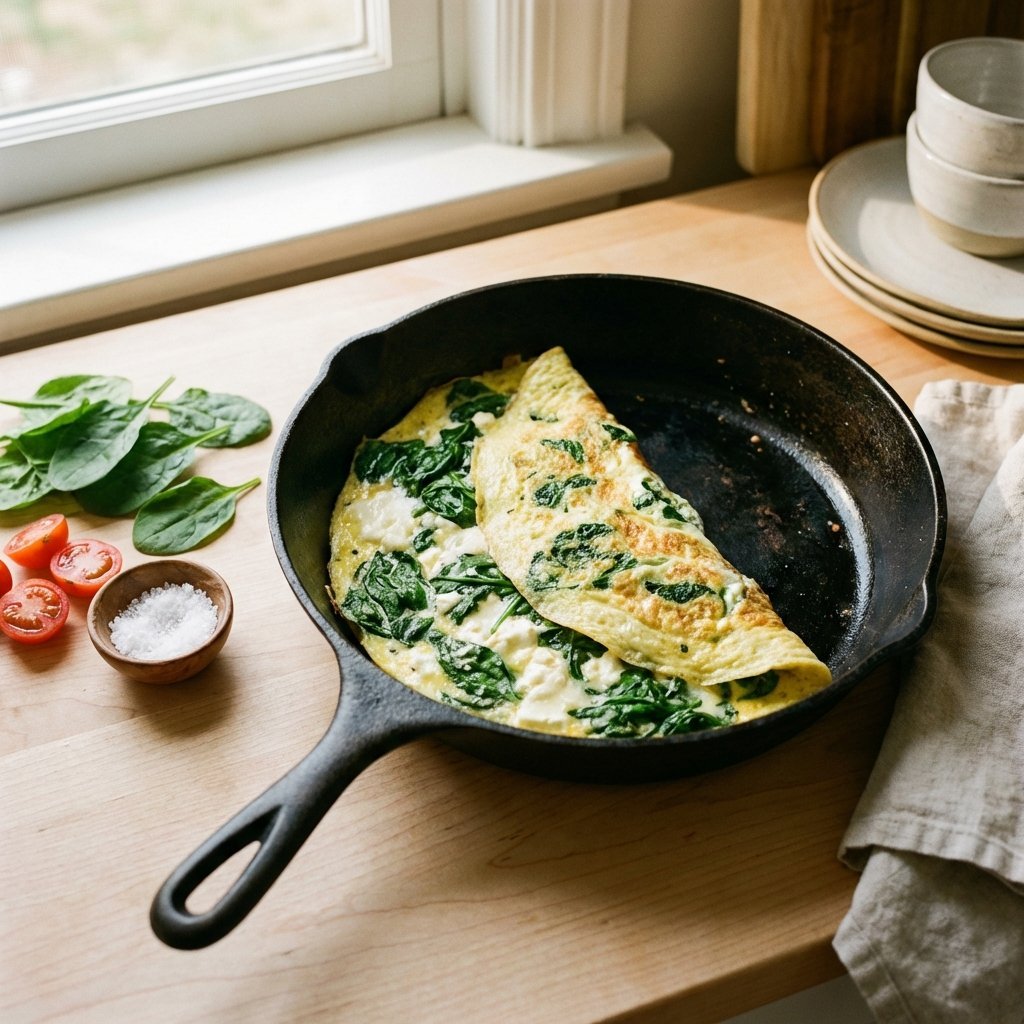 Omelett med spinat og fetaost i panne
