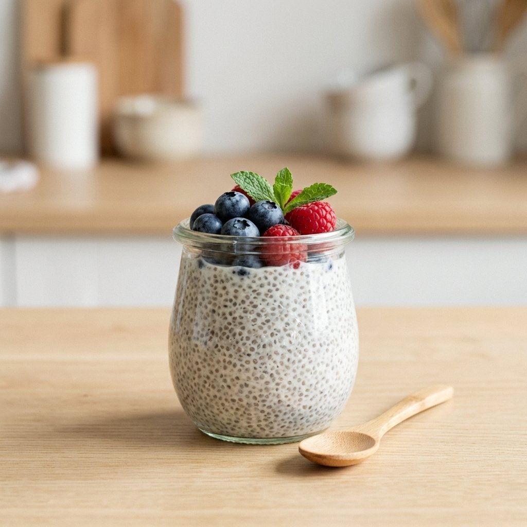 Chia-grøt med ferske bær i glass