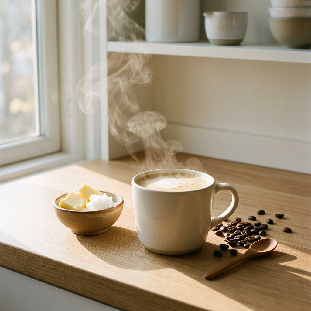 Fettkaffe med skum i hvit kopp