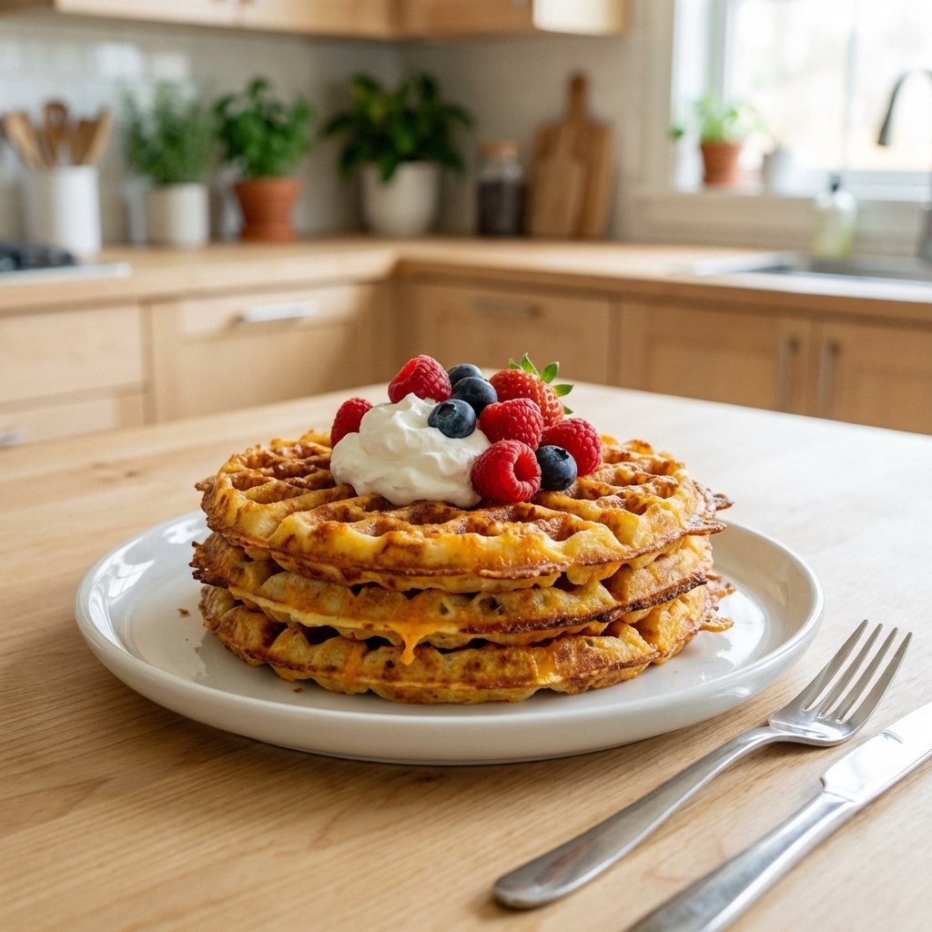 Chaffle-vafler med pisket krem og bær