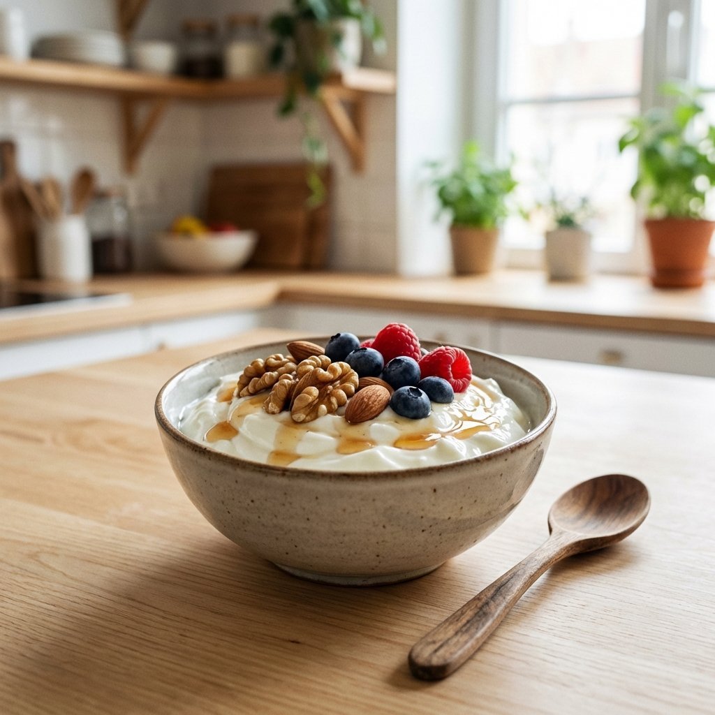 Gresk yoghurt med nøtter og bær i bolle