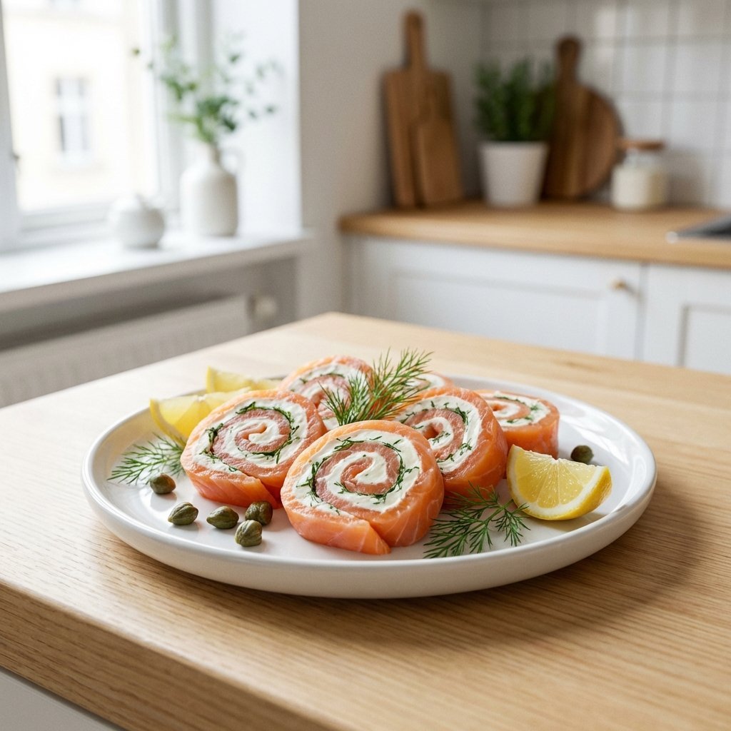 Røkt laks-kremost-rulle på hvit tallerken