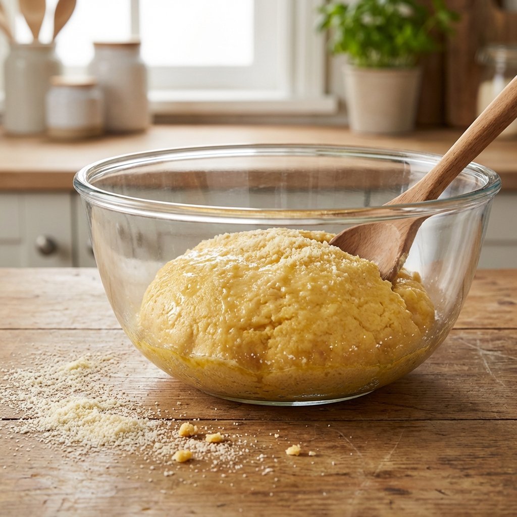 Tilberedning av keto rundstykkedeig: smeltet ost og mandelmel blandes