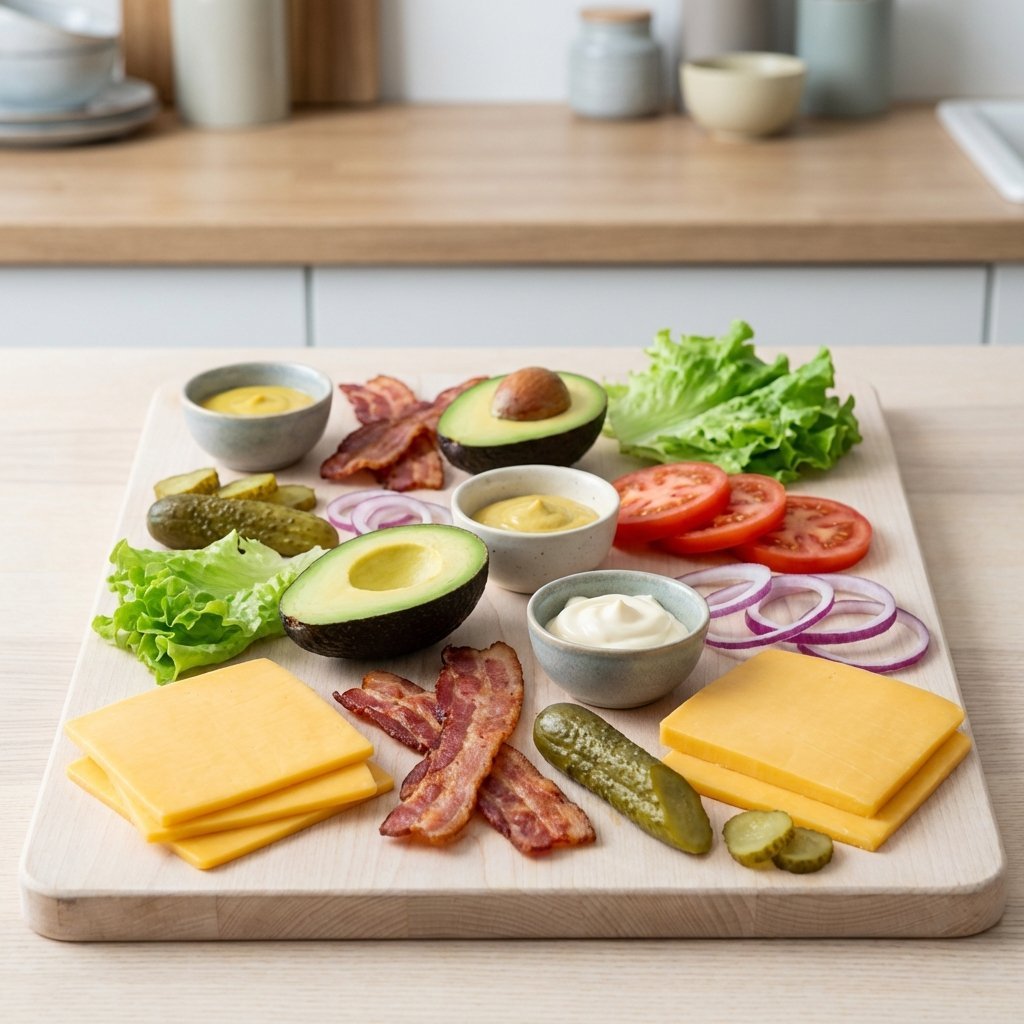 Keto burger toppinger: ost, bacon, avokado, salat og sylteagurk