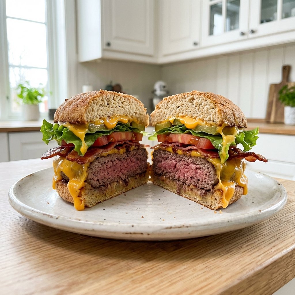 Ketoburger delt i to, alle fyllinger og saftig burger synlig