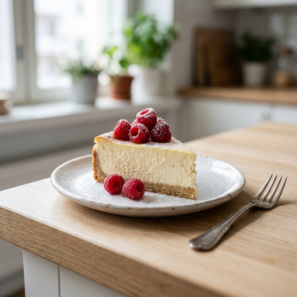 Keto ostekake skive med bær på hvit tallerken