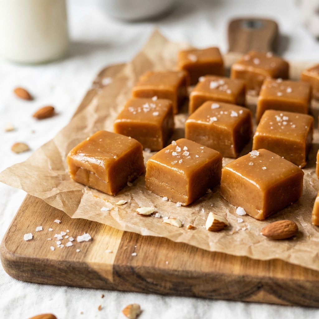 Keto fudge biter med karamellisert overflate på trebrett