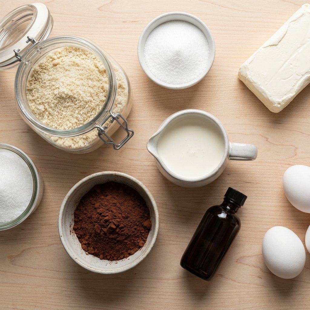 Keto baking ingredienser: mandelmel, erytritol, fløte og kakaopulver