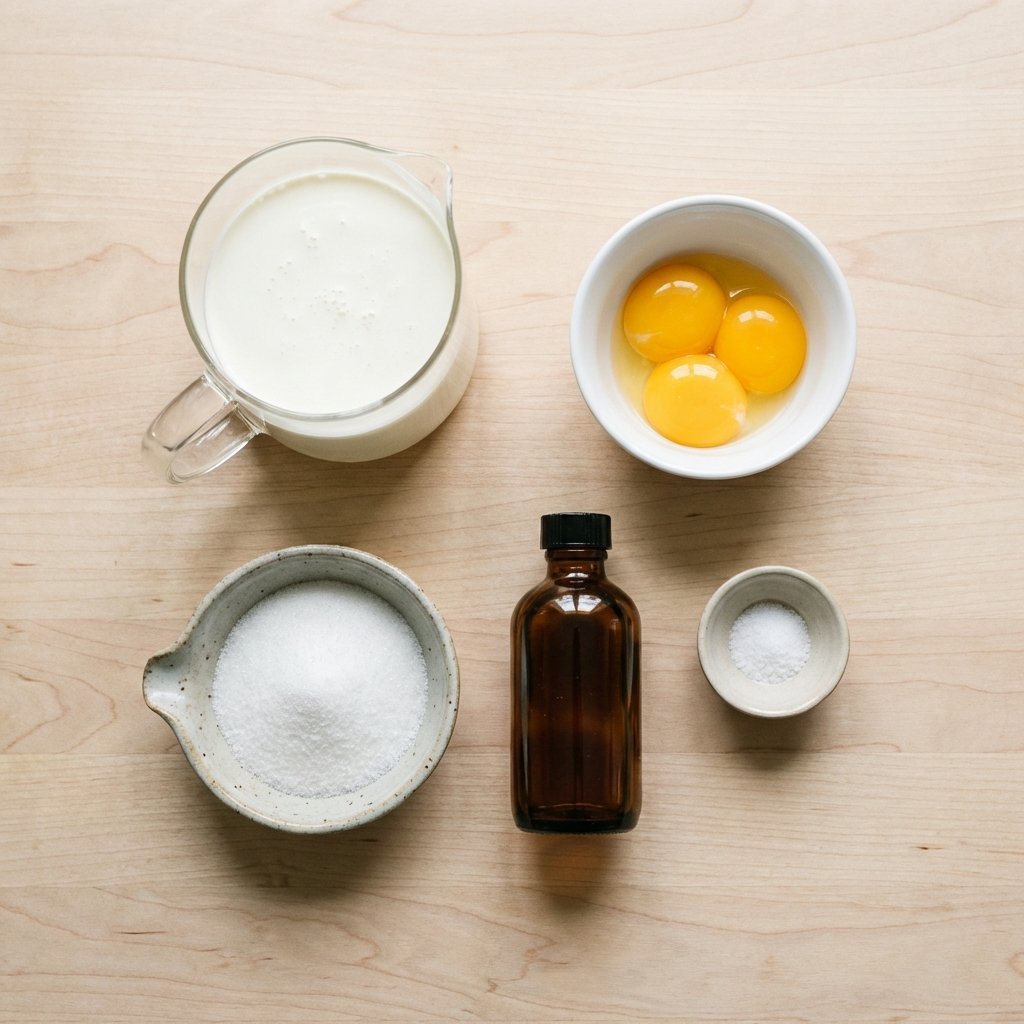 Ingredienser til keto-iskrem: kremfløte, eggeplommer, erytritol og vaniljeekstrakt