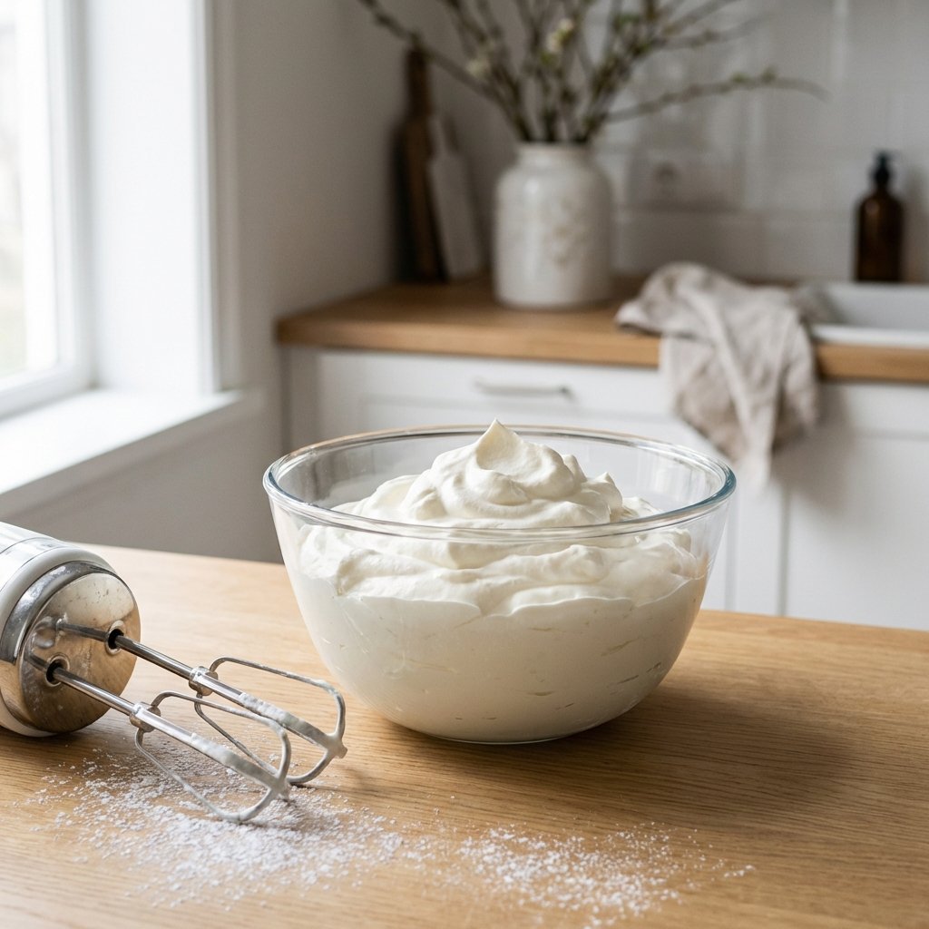 Pisket fløte i glasskål med elektrisk mikser