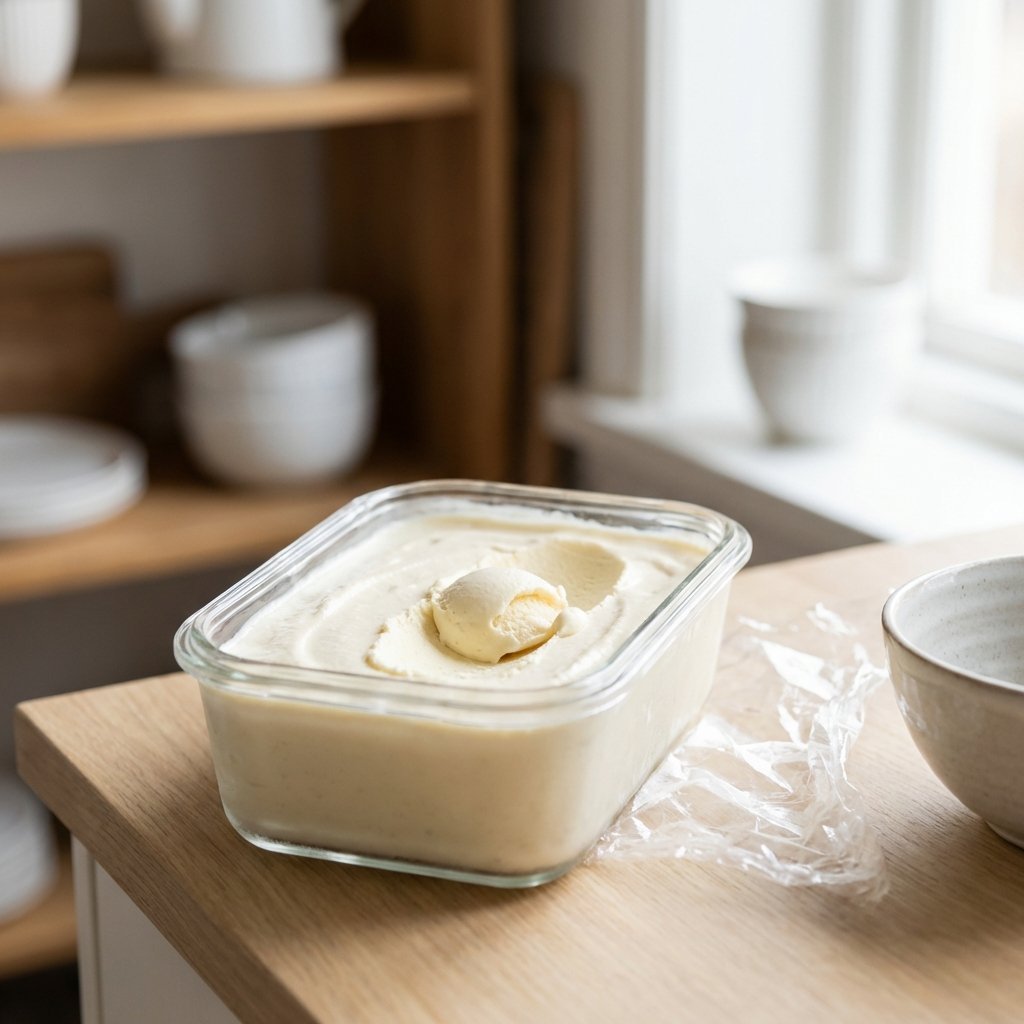 Ferdig keto-iskremmasse i fryseboks