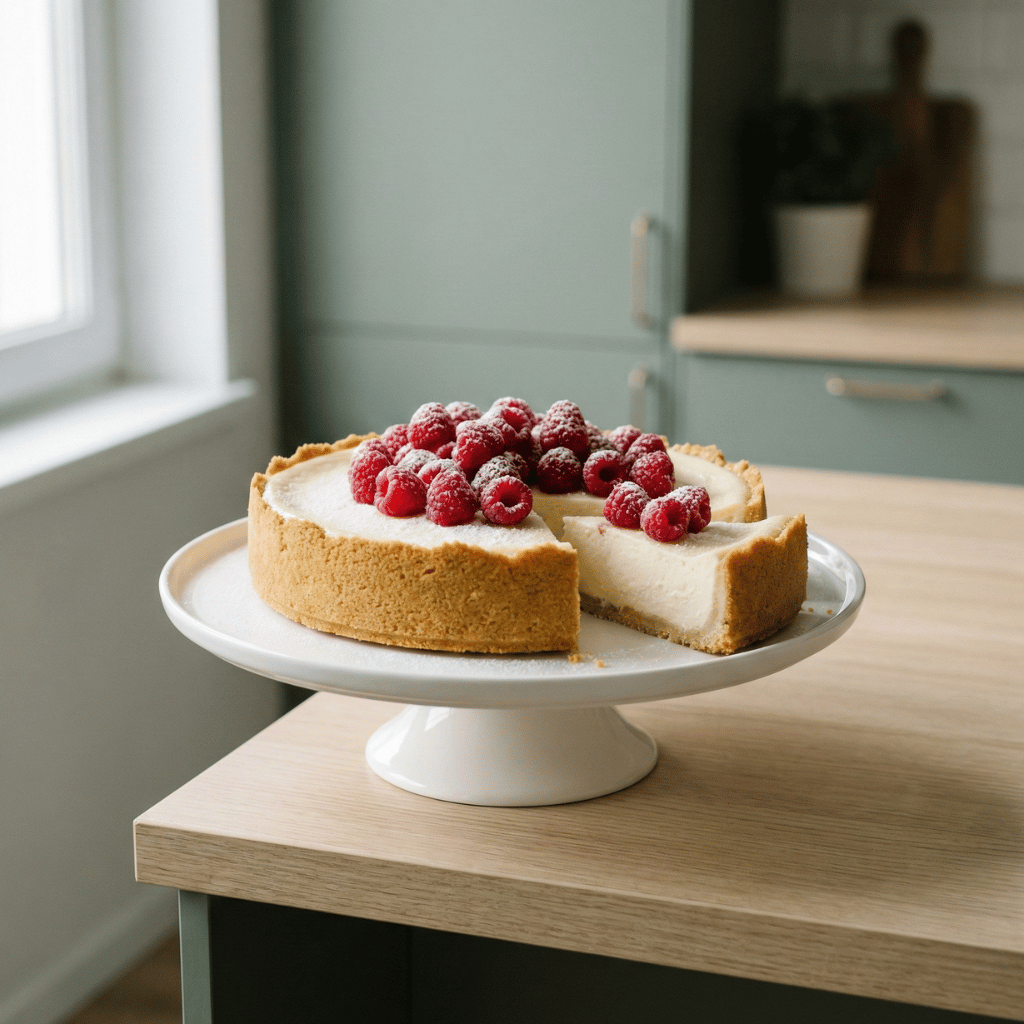 Keto ostekake skive med bær på hvit tallerken