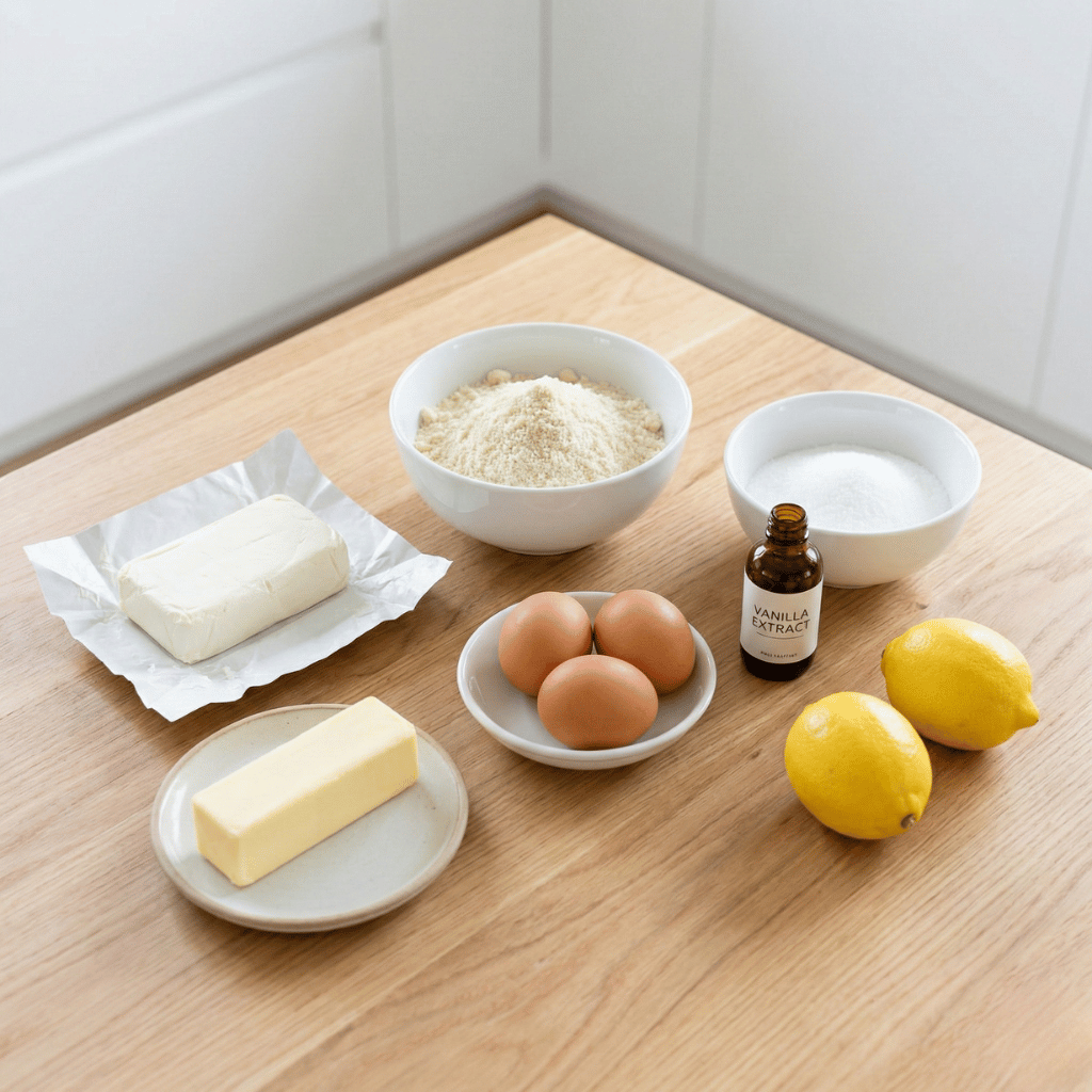 Ingredienser til keto-ostekake på bordet: kremost, mandelmel, smør og erytritol