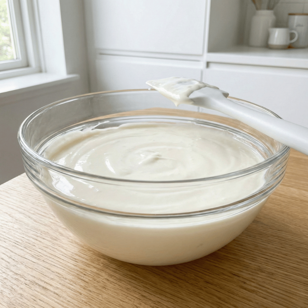 Kremete ostekakefyll i glassbollen, silkemyk konsistens