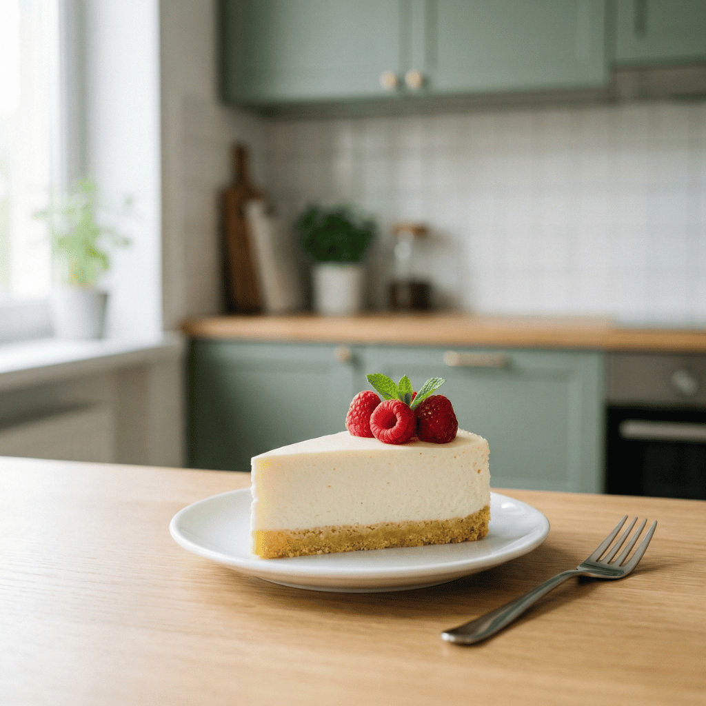 Stykke av keto-ostekake på hvit tallerken med gaffel og bringebærpynt