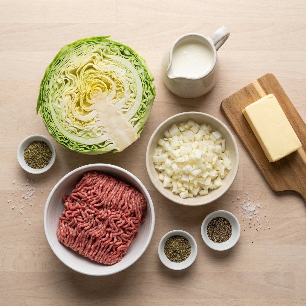 Ingredienser til keto kålpudding: hodekål, kjøttdeig, løk, fløte og krydder