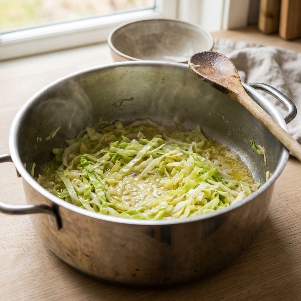 Kålstrimler som stekes i smør i en stor kjele