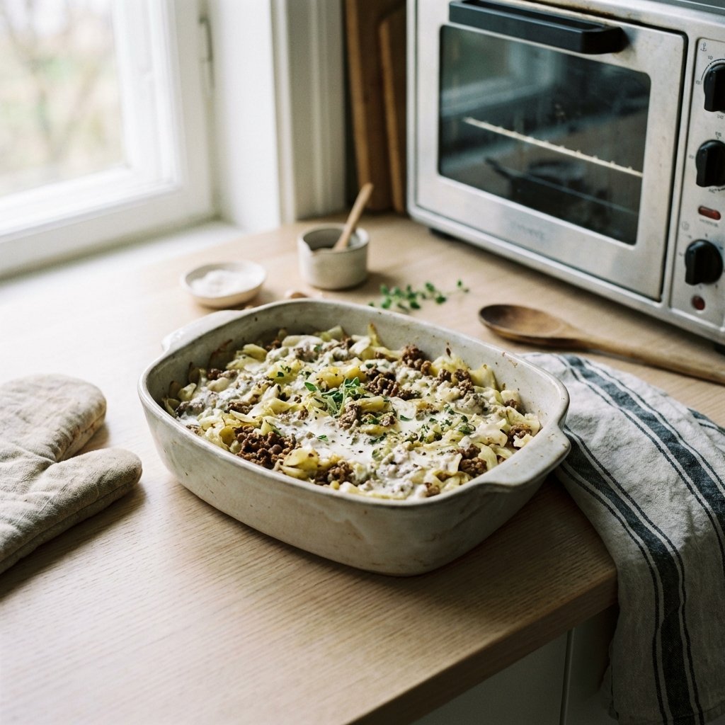 Kjøttdeig- og kålblanding i ildfast form klar for ovnen