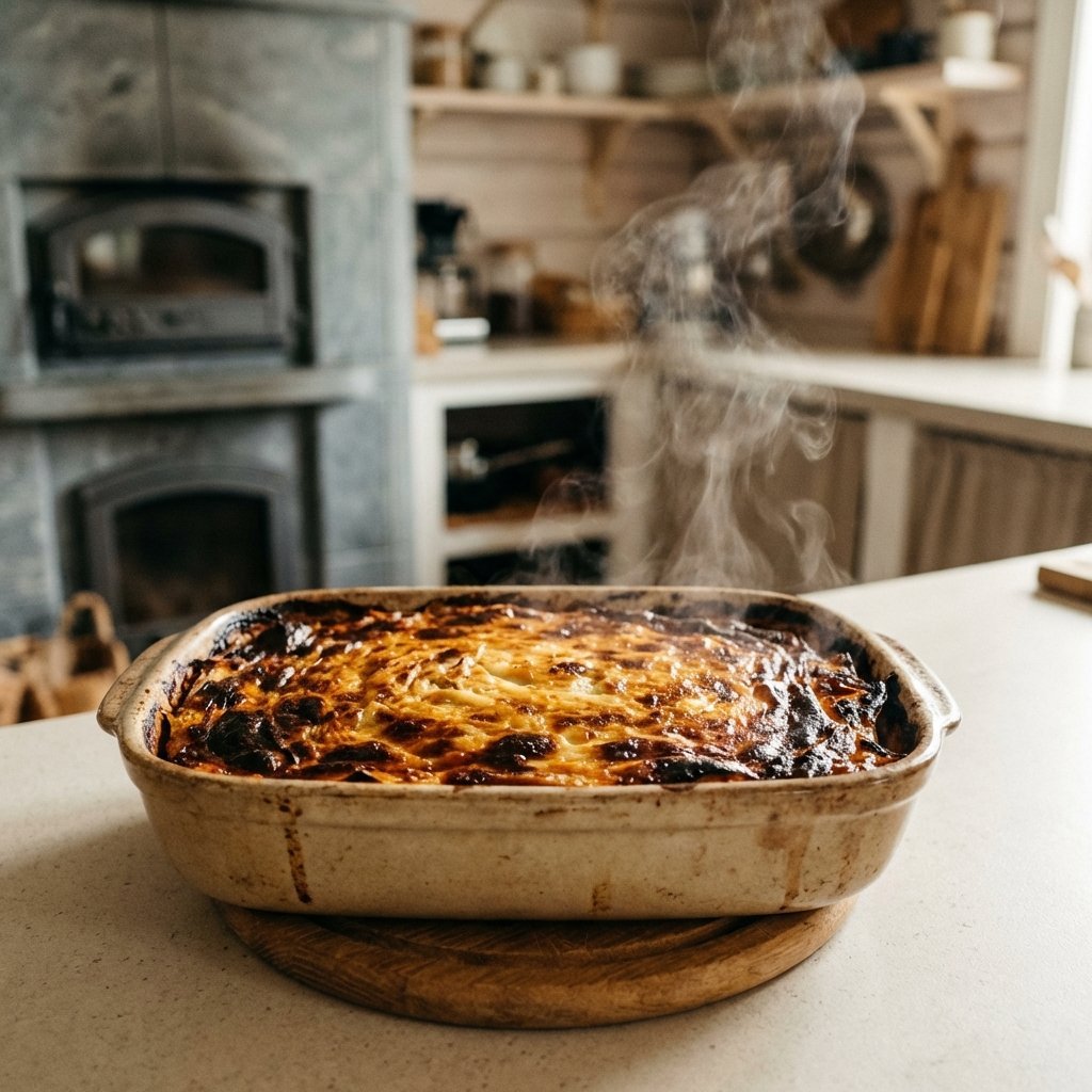 Ferdigstekt keto kålpudding med gyllen overflate fra ovnen