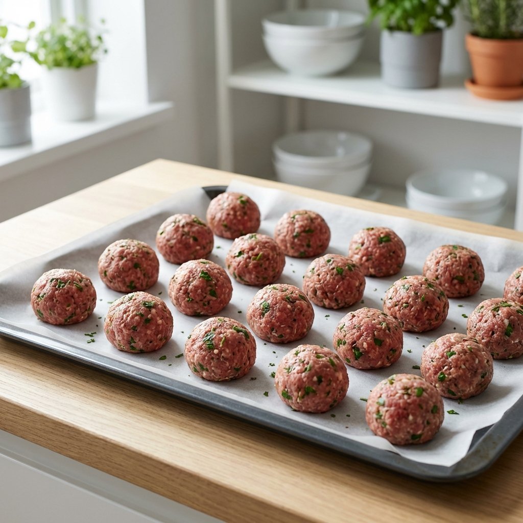 Keto-kjøttkaker formet på stekebrett klare til steking