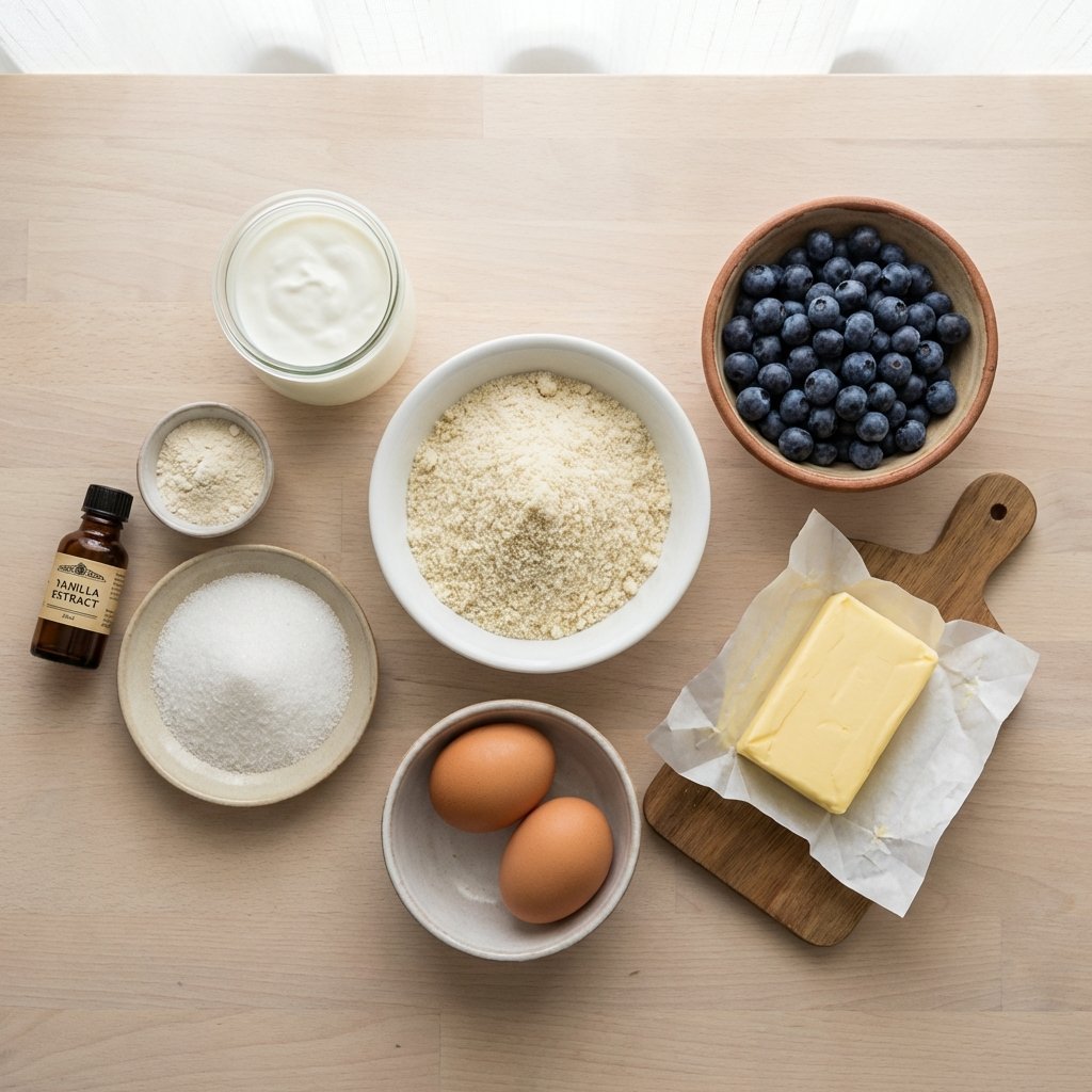 Ingredienser til keto blåbærpai: mandelmel, kesam, blåbær, smør og søtningsmiddel