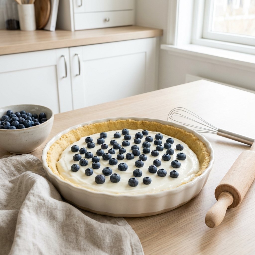 Keto blåbærpai i form med kesamfyll og blåbær før steking