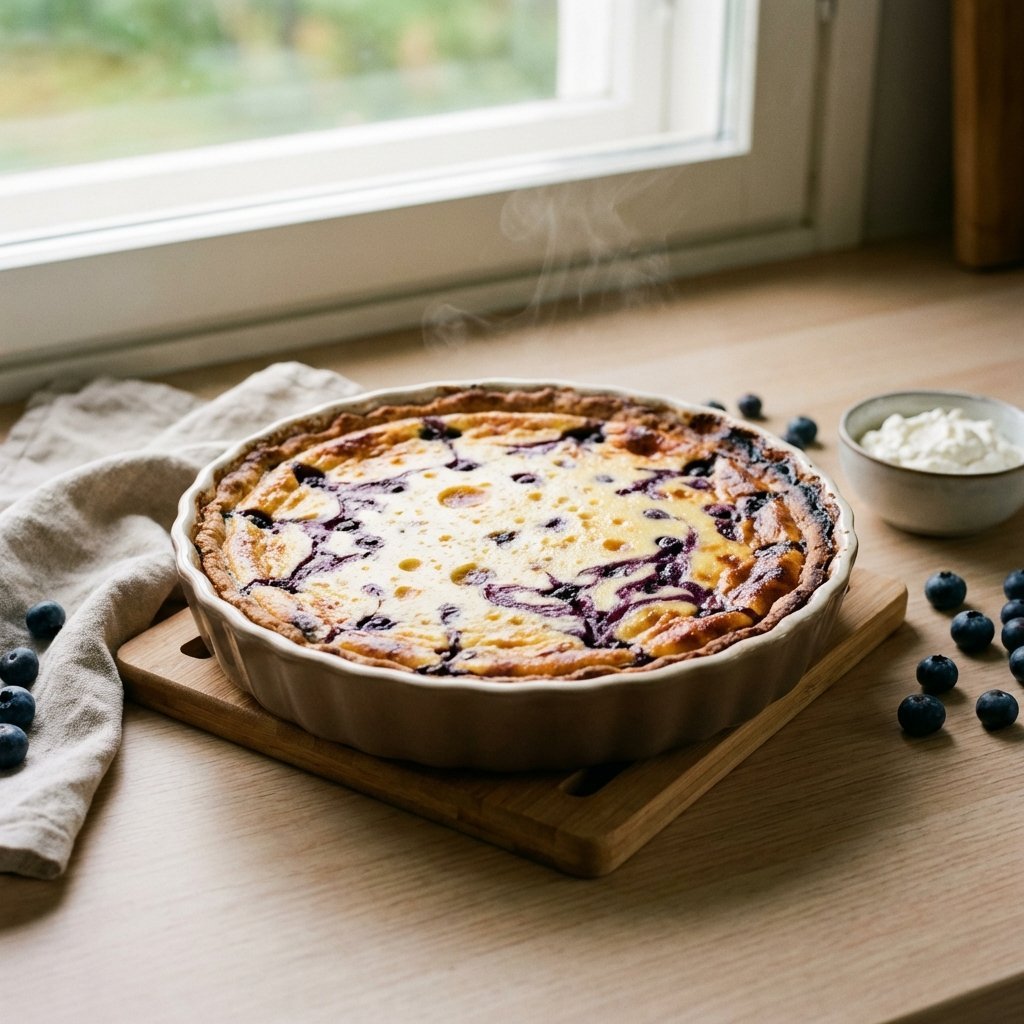 Ferdigstekt keto blåbærpai fra ovnen, gyllen overflate og saftige blåbær