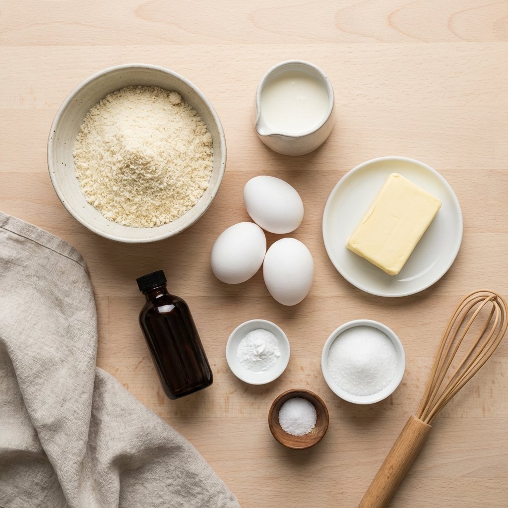 Ingredienser til keto pannekaker: mandelmel, egg, fløte, smør og vaniljeekstrakt
