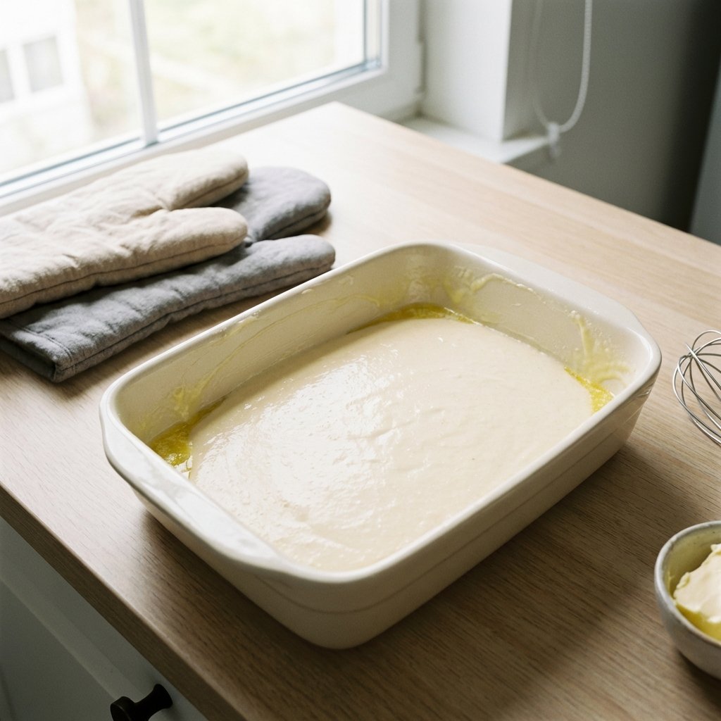 Keto pannekakerøre i smurt ildfast form klar for ovnen