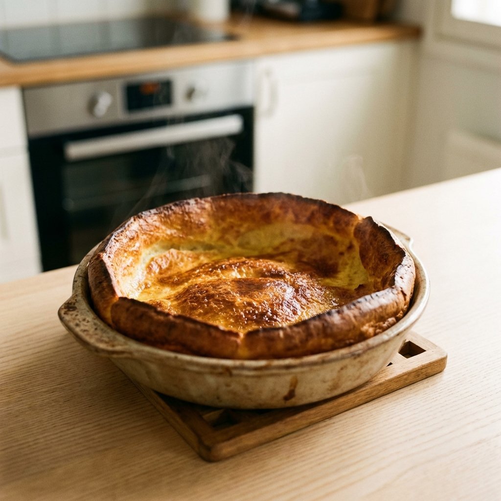 Ferdigstekt keto pannekake med gyldne, hevede kanter fra ovnen