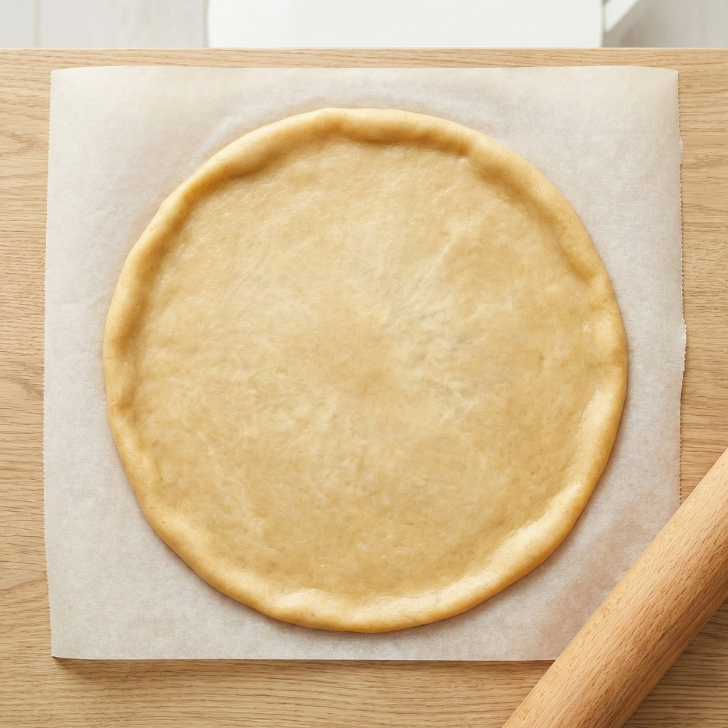 Kjevlet ut keto pizzabunn på bakepapir