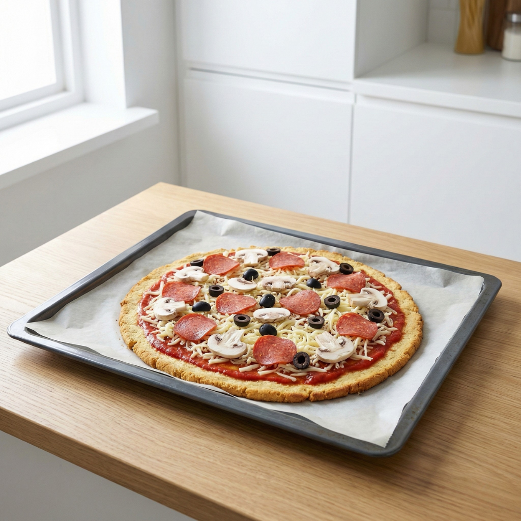 Keto pizza med topping på stekepanne