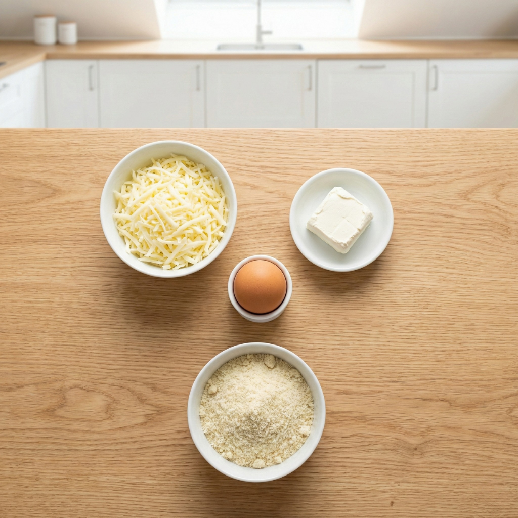 Ingredienser til keto pizzabunn: mozzarella, kremost, egg og mandelmel