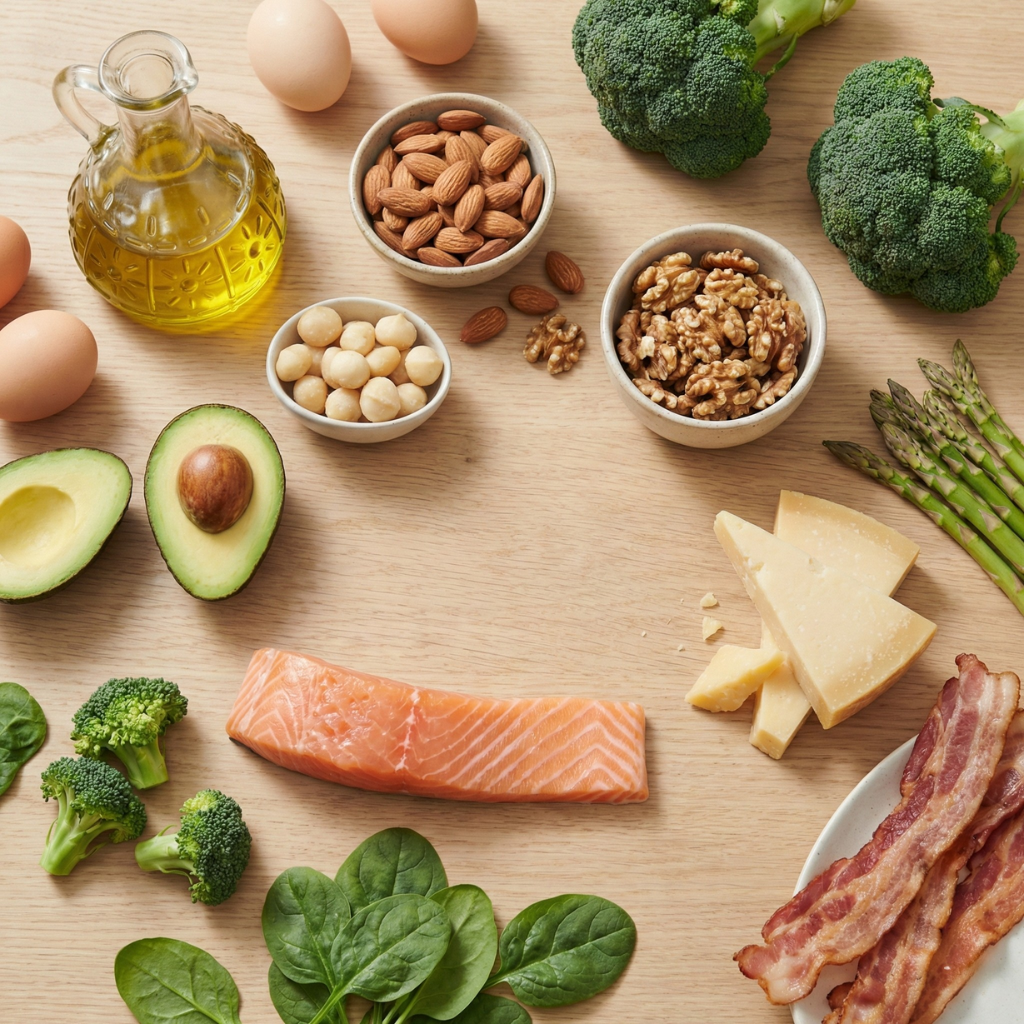 Keto-mat på bordet: kjøtt, fisk, grønnsaker, nøtter og sunne fettstoffer