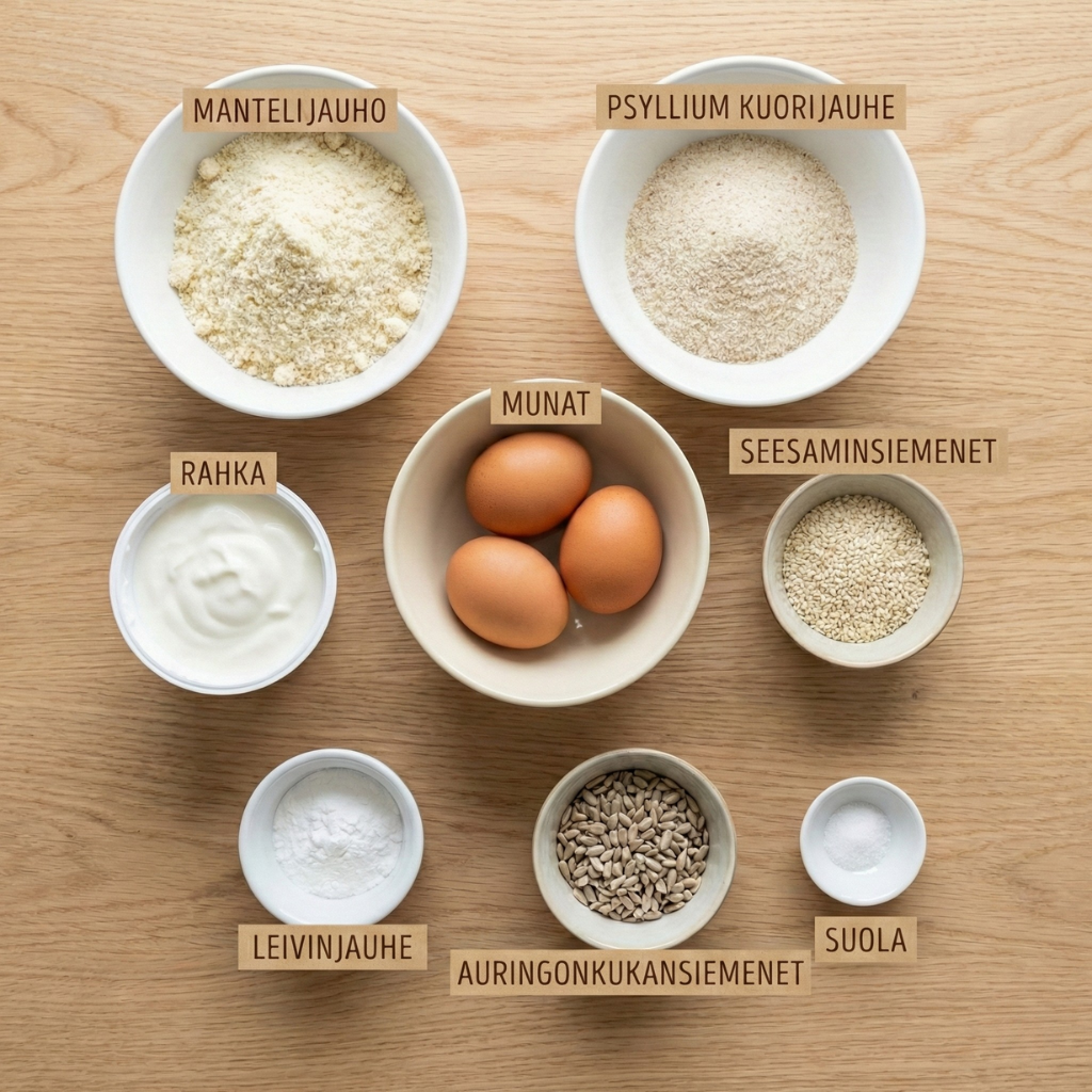 Ingredienser til keto rundstykker: mandelmel, psyllium, egg og gresk yoghurt