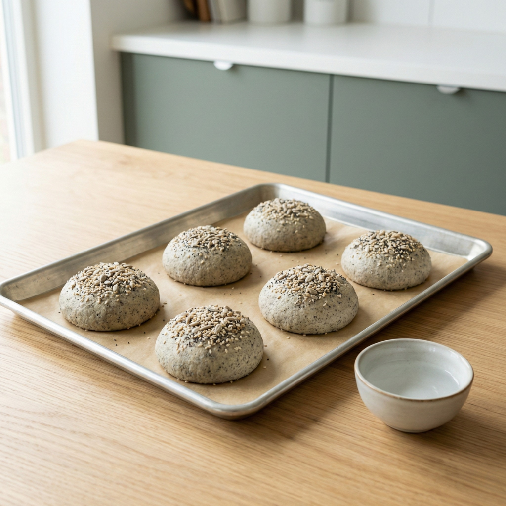 Keto rundstykker formet på stekepapir klar for ovnen