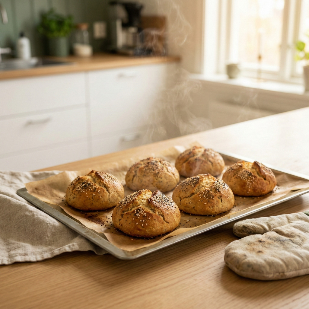 Ferske keto rundstykker rett fra ovnen, gyllenbrune og saftige