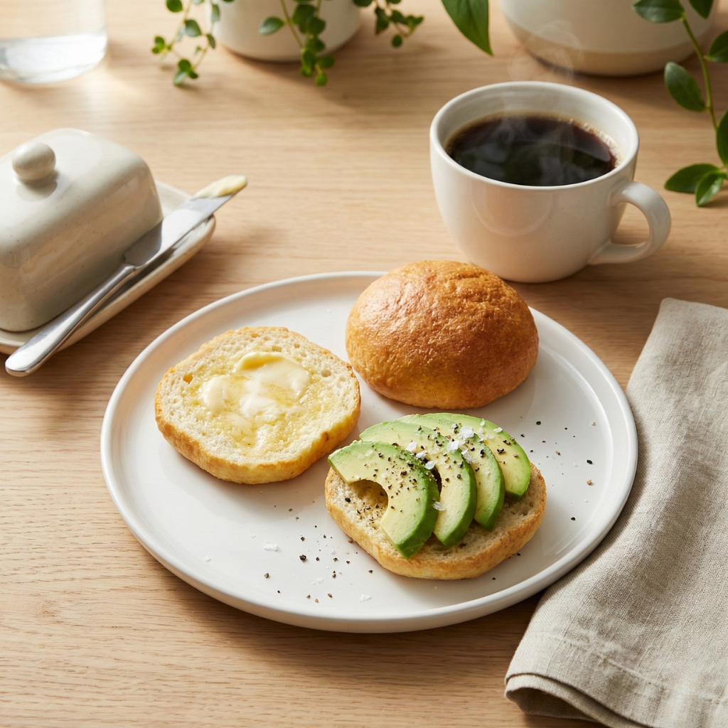 Keto rundstykke delt med smør og avokado til frokost