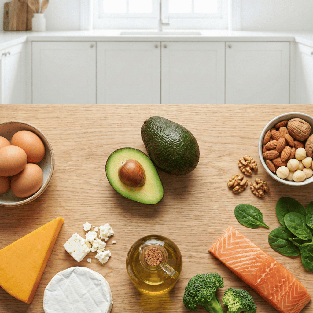 Ketogene råvarer – avokado, egg, oster, olivenolje, nøtter og laks