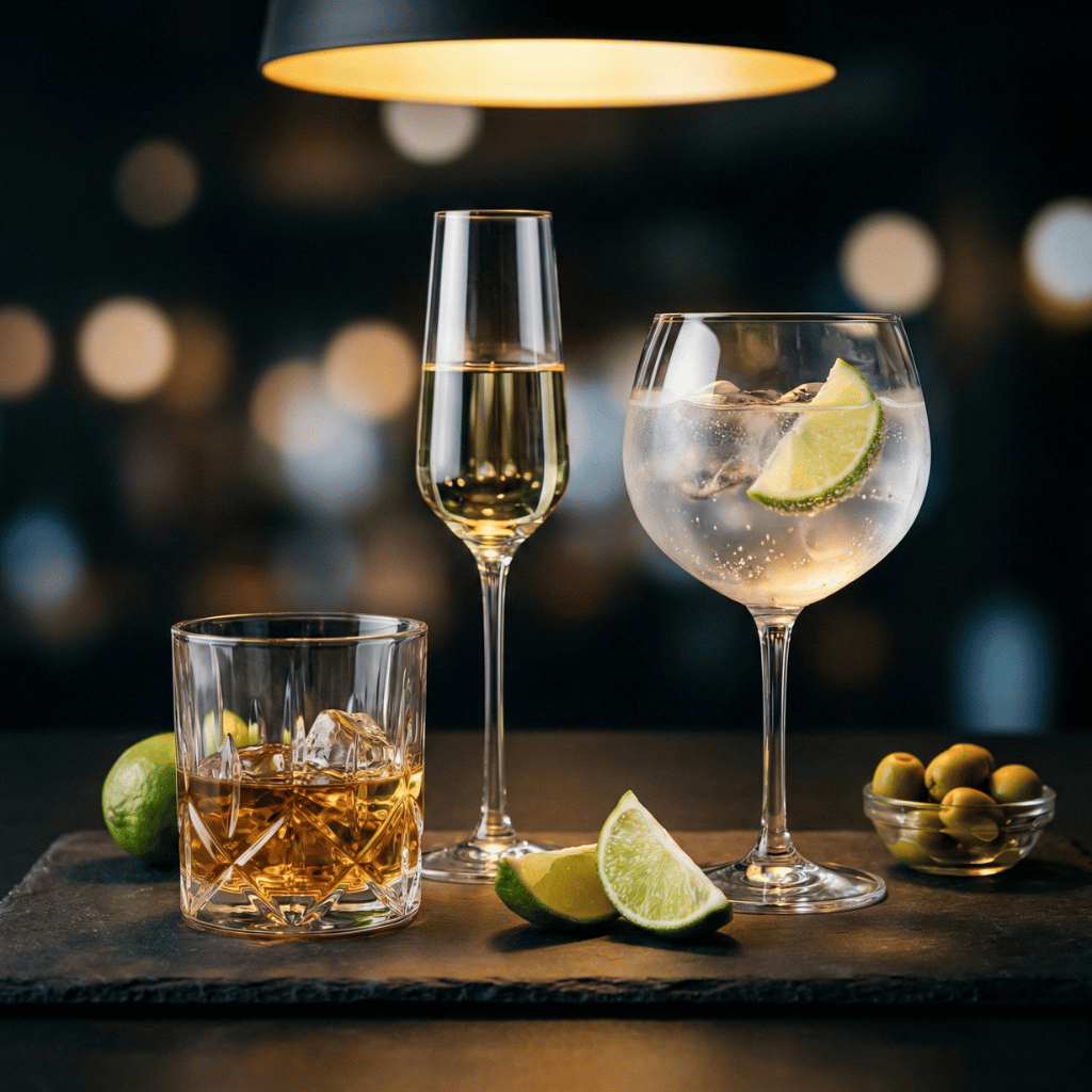 Keto-vennlige alkoholdrikker: whisky, tørr vin og gin tonic i elegant oppsett
