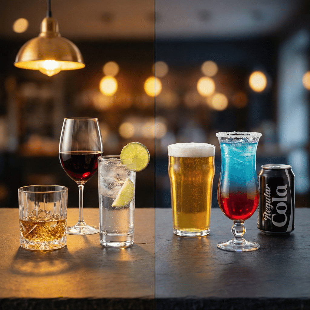 Sammenligning: keto-godkjente drikker til venstre vs. drikker å unngå til høyre