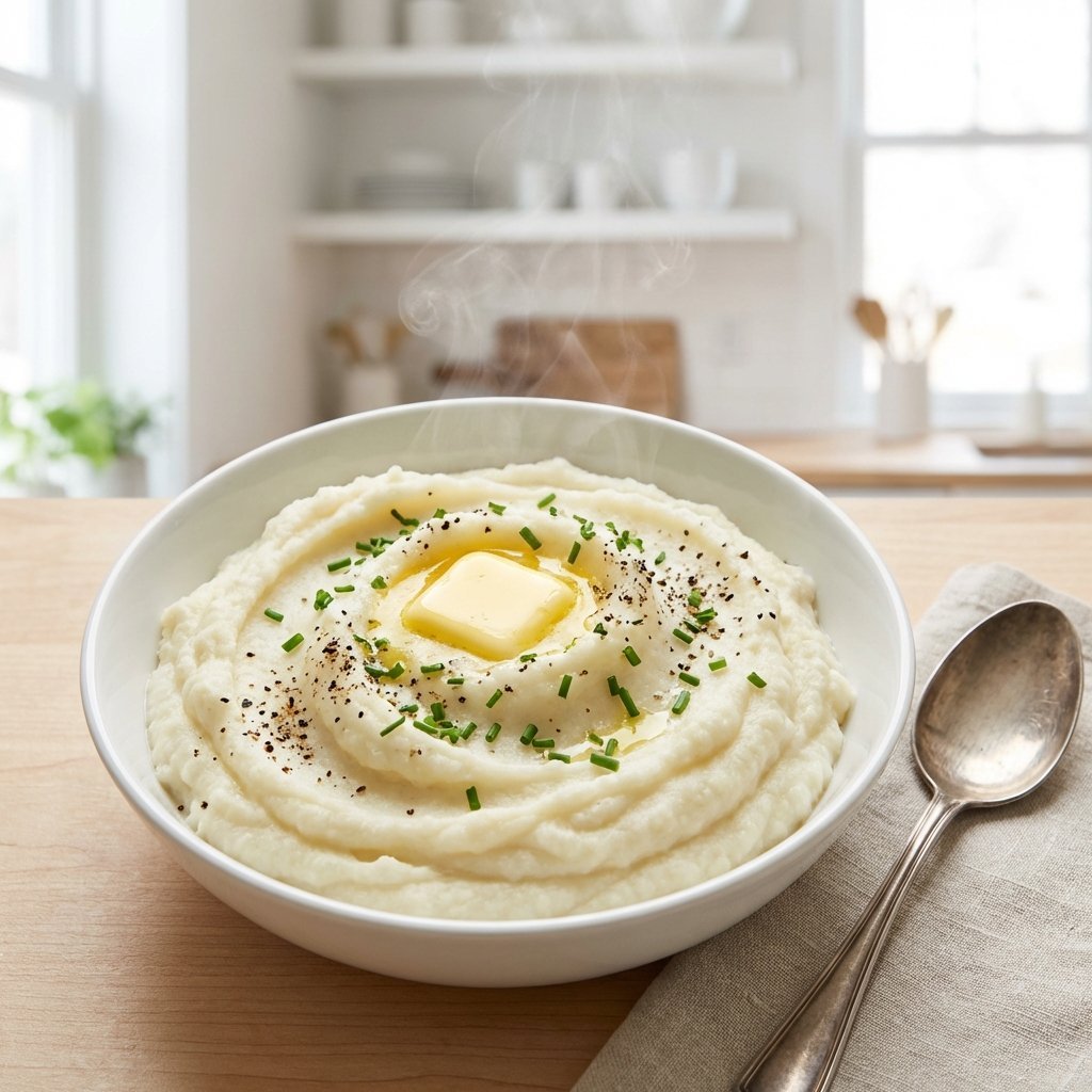 Kremet blomkålstappe med smør og urter på hvit tallerken