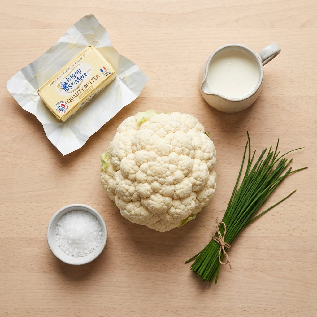 Ingredienser til blomkålstappe: fersk blomkål, smør, fløte og salt på trefjøl