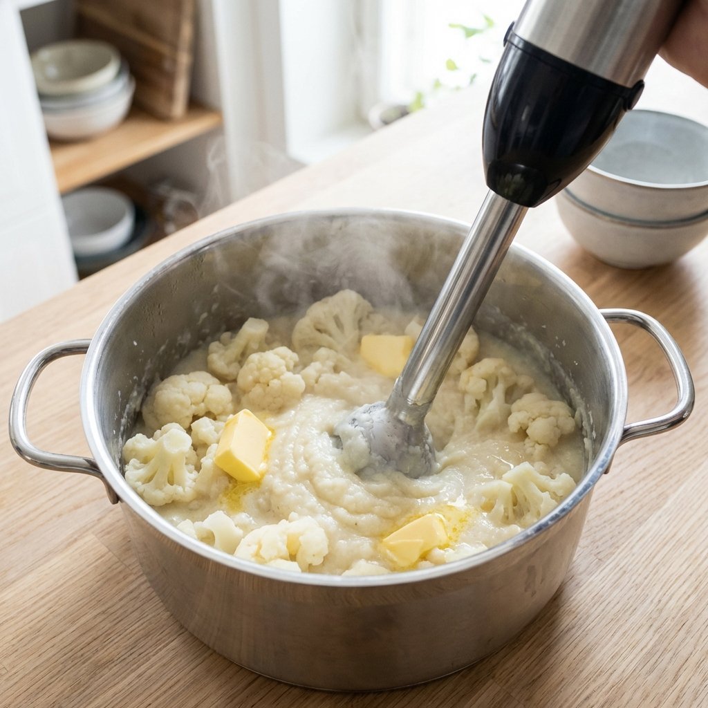 Kokt blomkål som moses i en kjele med stavmikser