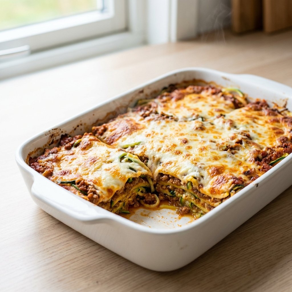 Keto zucchini lasagne i ildfast form med gyllenbrun osteskorpe