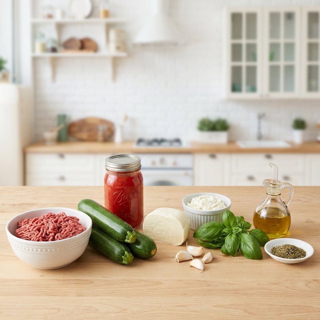 Ingredienser til keto zucchini lasagne: zucchini, kjøttdeig, hakkede tomater, oster og krydder