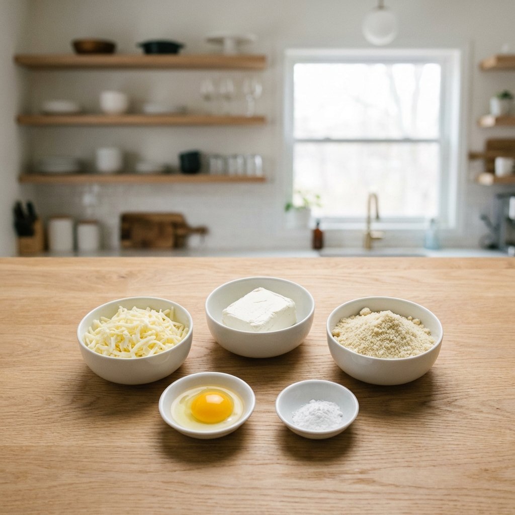 Ingredienser til keto-bagel: mozzarella, kremost, mandelmel, egg og bakepulver