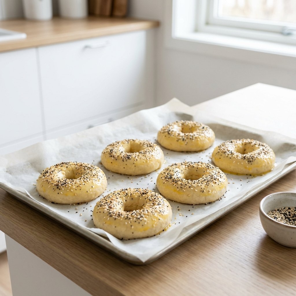 Formede keto-bagels på stekebrett, pyntet med frø