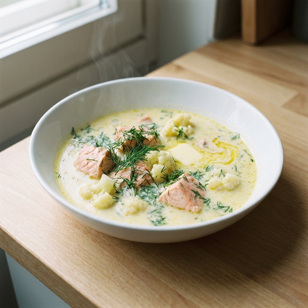 Kremet keto-laksesuppe i hvit bolle med dill