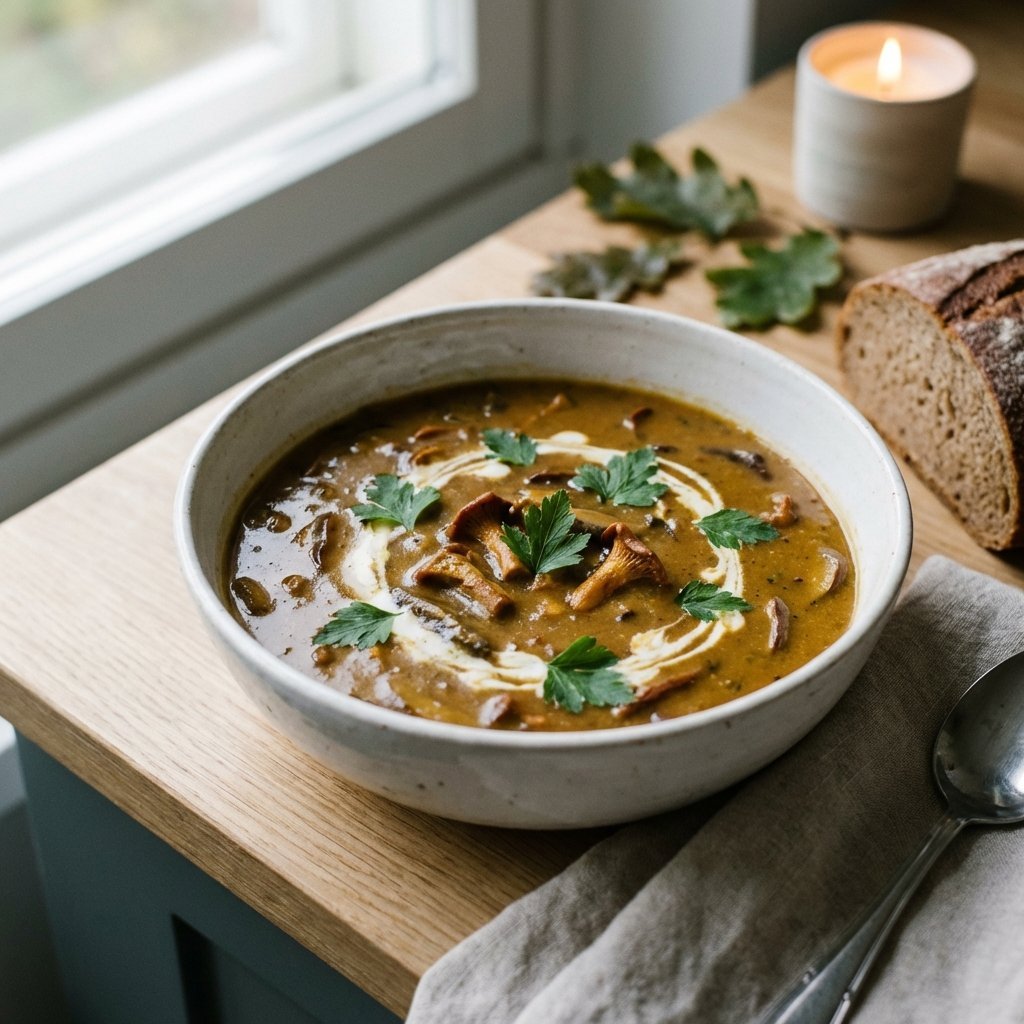 Mørk kremet soppsuppe med persille